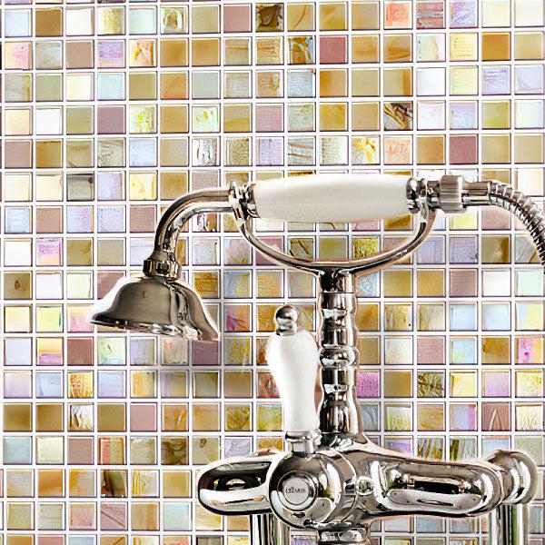 Bathroom Faucet with Shower on Background of Pearl Heaven Squares Glass Tile