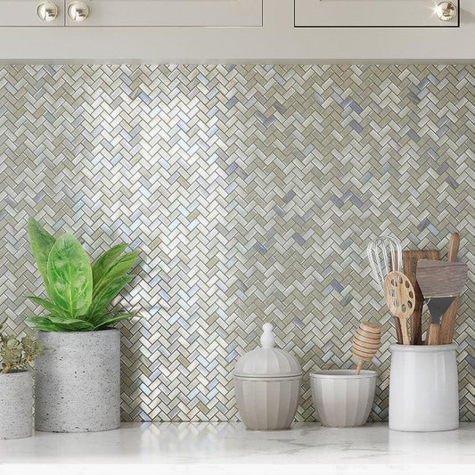 White Kitchen Shelf  on Background of with Pearl Herringbone Glass Mosaic Tile