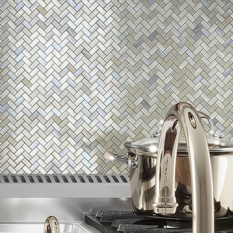 Brass Kitchen with Pearl Herringbone Glass Mosaic Tile Backsplash Close-up