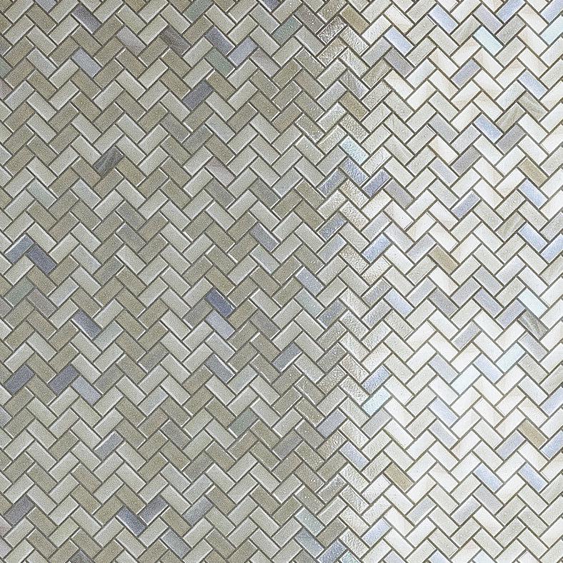 Shiny Pearl Herringbone Glass Mosaic Close-up
