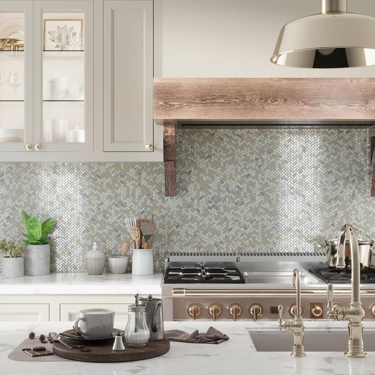 White & Brass Kitchen with Pearl Herringbone Glass Mosaic Tile Backsplash