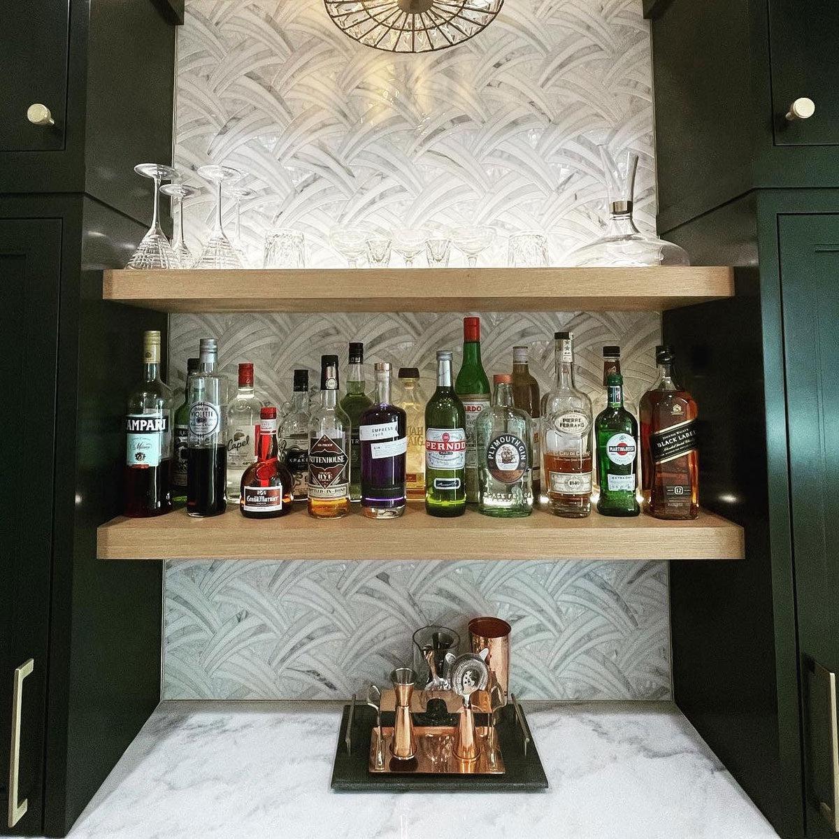Bar backsplash with Pearl Sail Waterjet Mosaic Tile