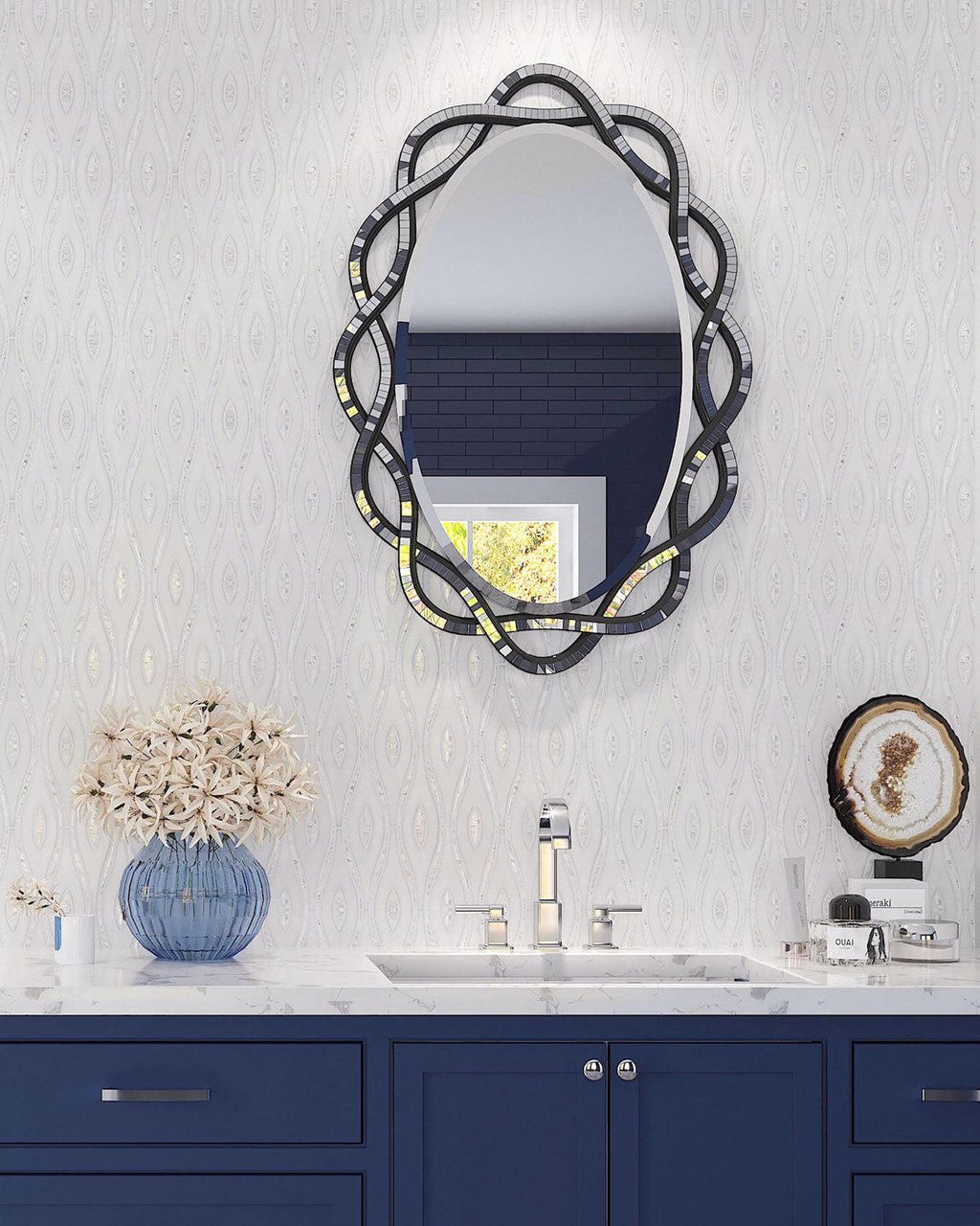 Pearl Wave White Marble & Mother Of Pearl Waterjet Mosaic Tile Bathroom Vanity