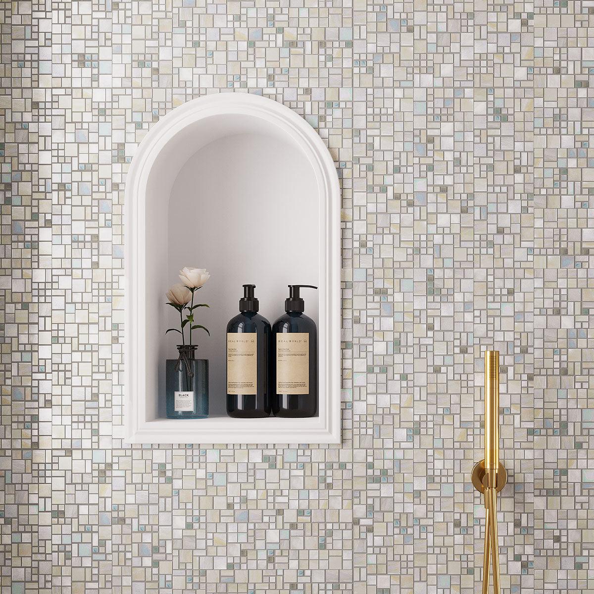 Pearl White Mini Versailles Glass Mosaic Shower Tile