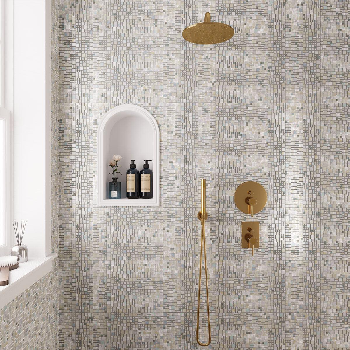 Pearl white glass tile shower walls
