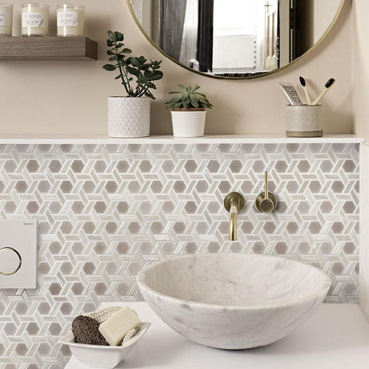 Pearl White Hexagon glass mosaic tile backsplash for a downstairs powder room
