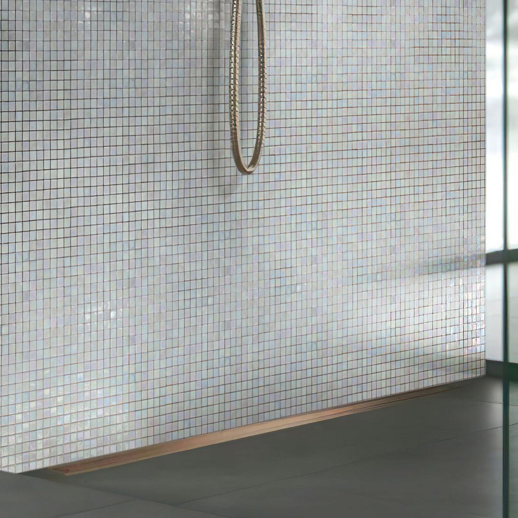 Pearlescent Ashy White Square Glass Pool Tile | Tile Club