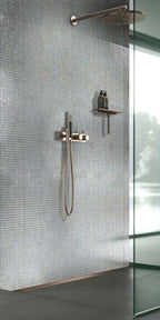 Shower with panoramic windows and a backsplash made of Pearlescent Ashy White Square Glass Pool Tile