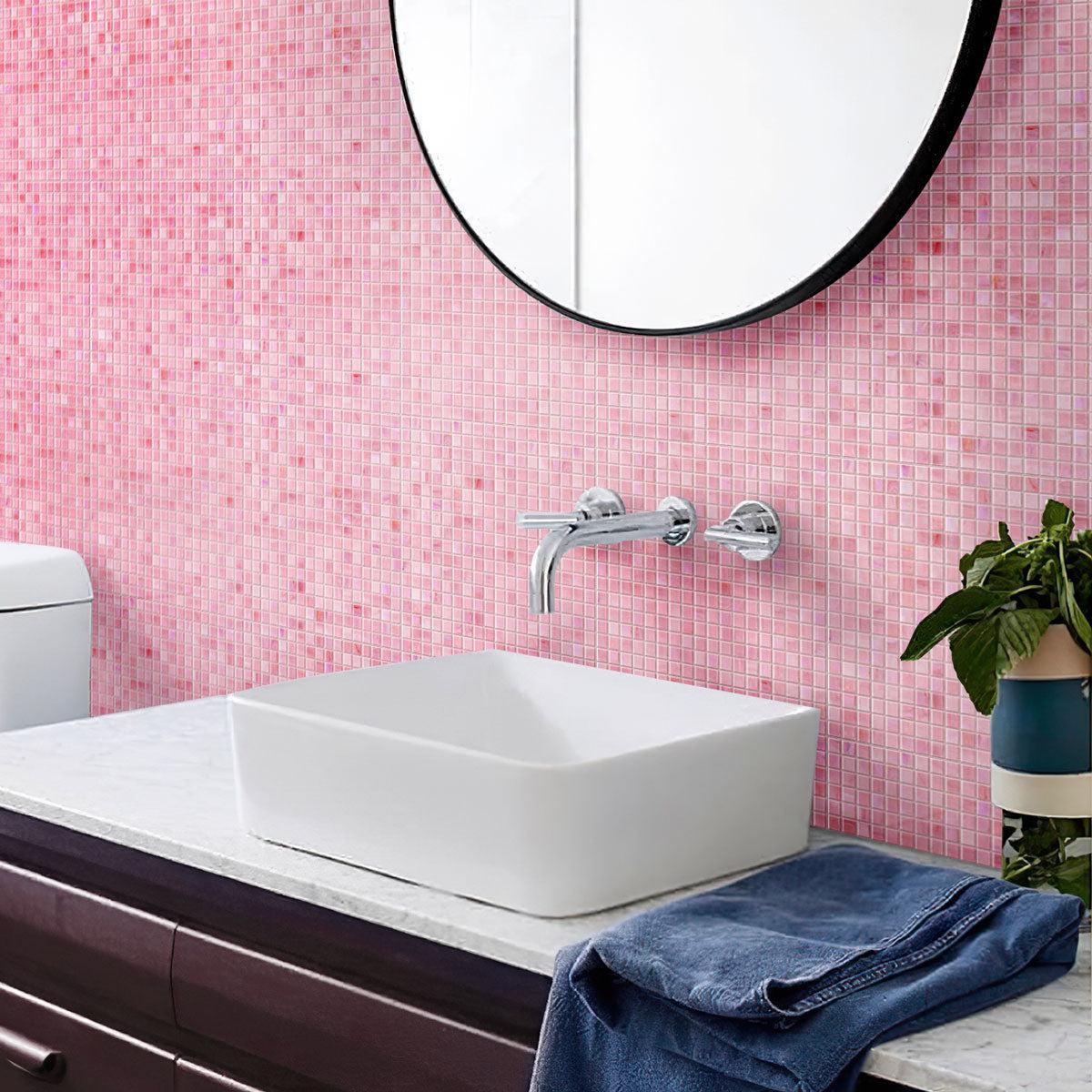 Swirled Rose Squares Glass Tile adds a romantic touch to the bathroom
