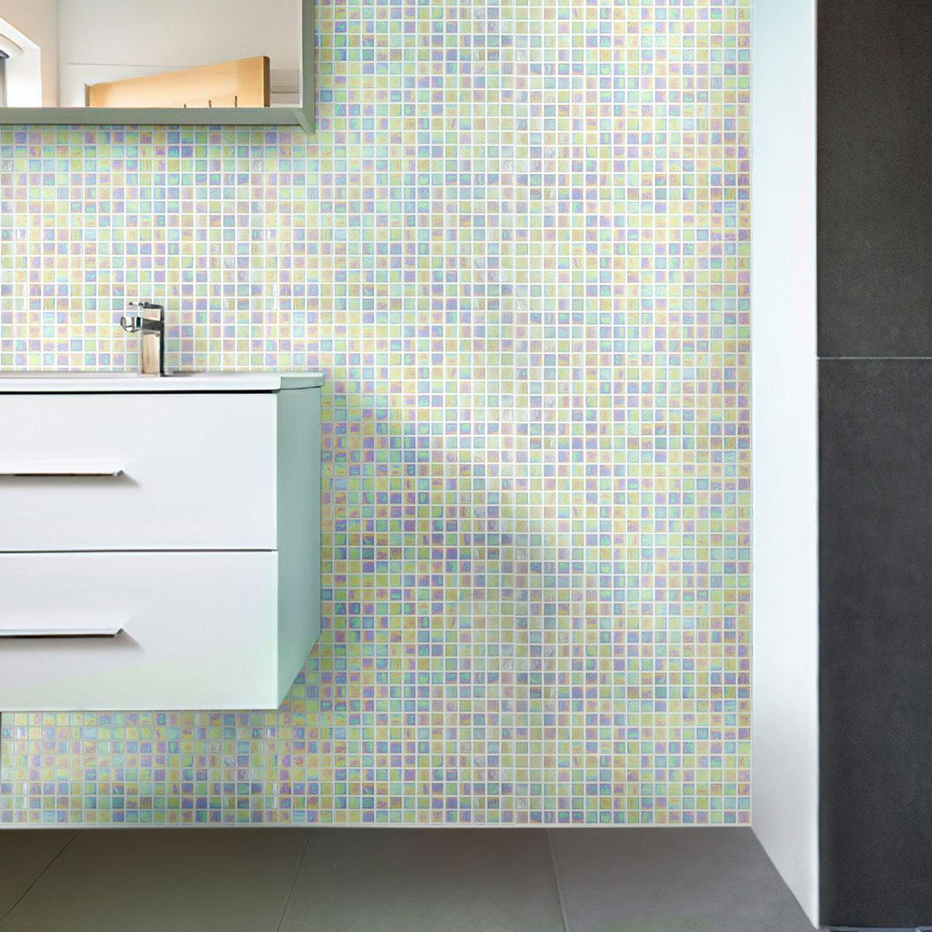 Pearlescent White Squares Glass Pool Tile Shower Wall