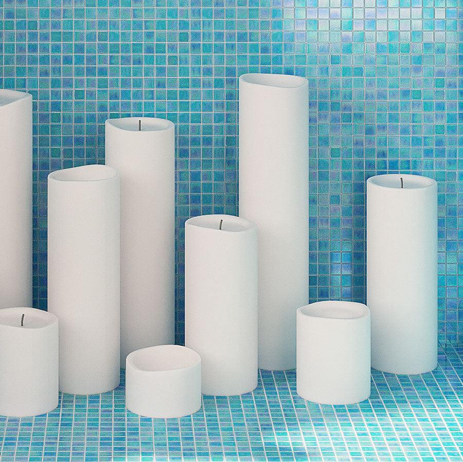 White Candles on Pearly Aqua Blue Squares Glass Pool Tile