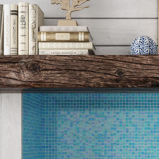 Old Wood Bookshelf above Pearly Aqua Blue Squares Glass Pool Tile Fireplace