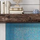 Old Wood Bookshelf above Pearly Aqua Blue Squares Glass Pool Tile Fireplace