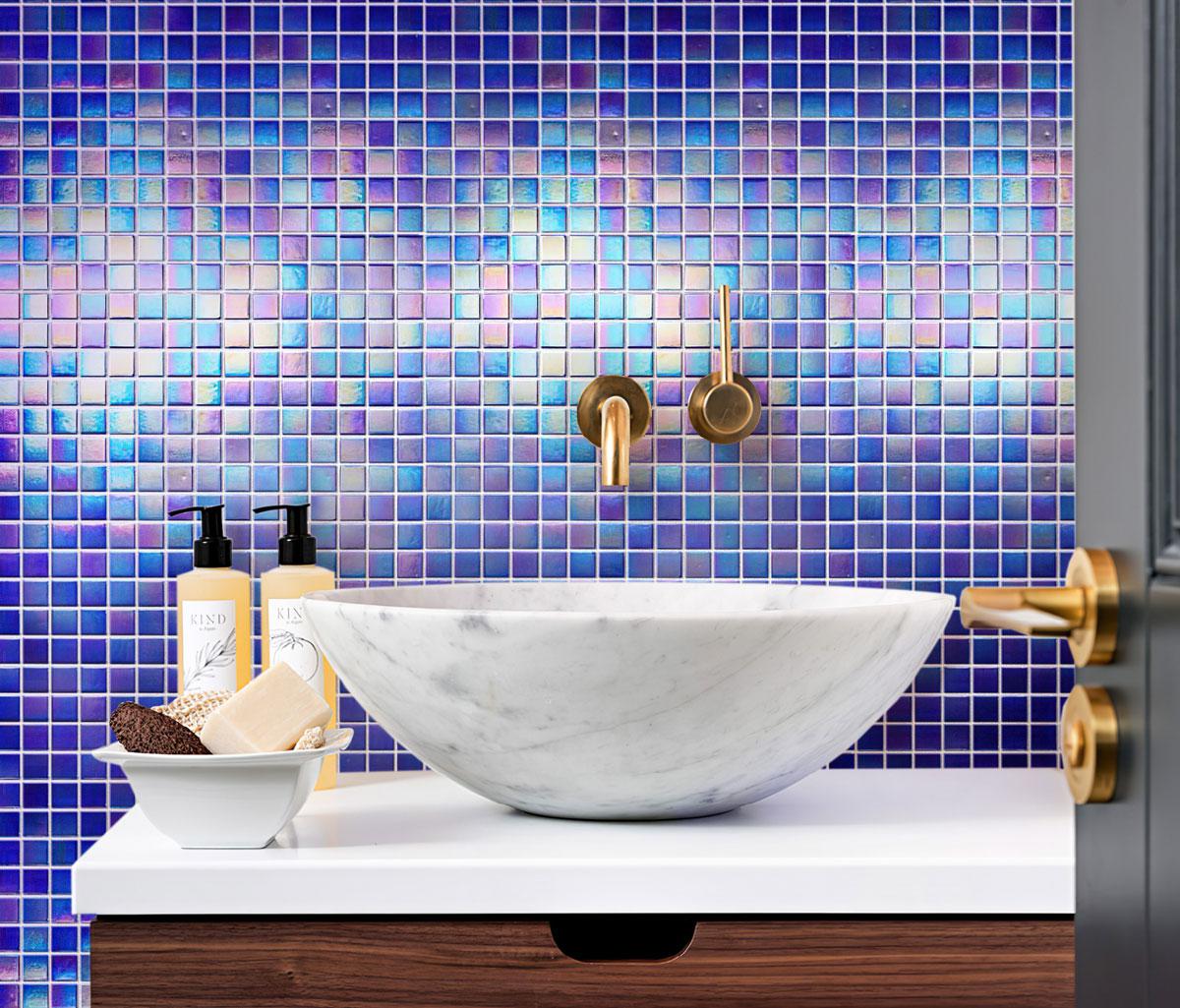 Herringbone Pearl White Thassos Marble and Shell Tile Bathroom Backsplash