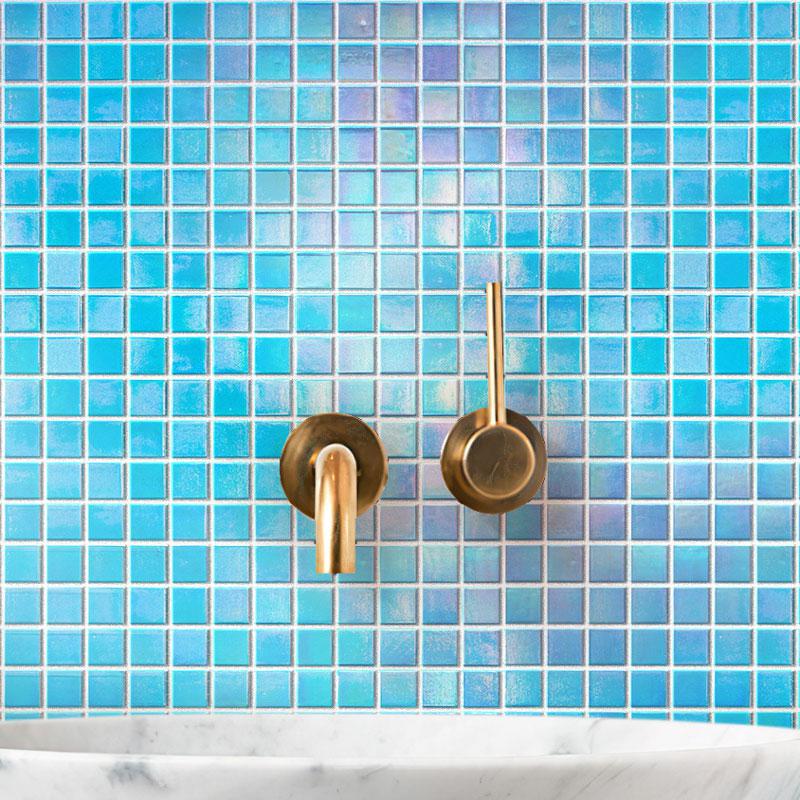 Pearly Ocean Blue Squares Glass Pool Tile