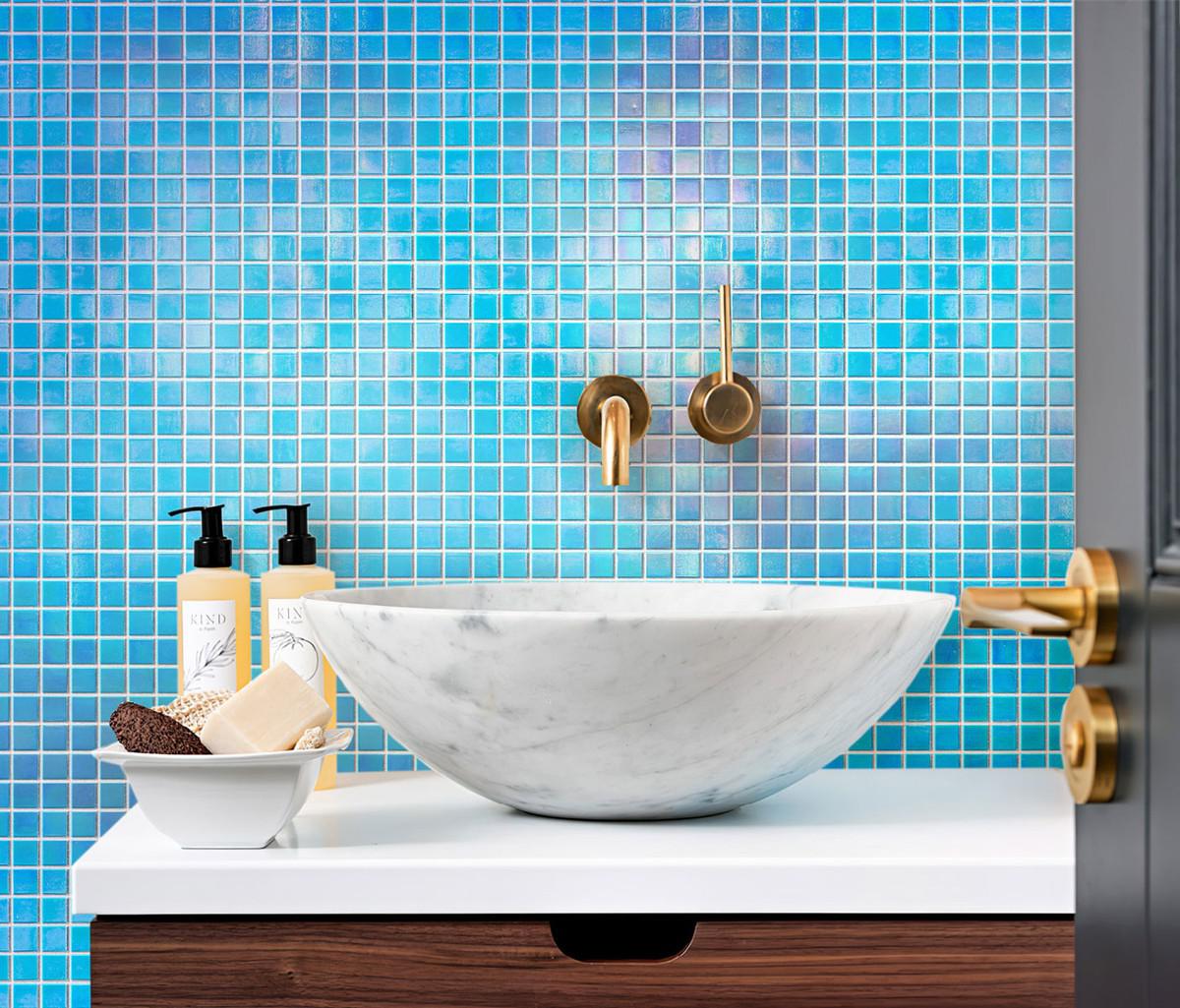 Pearly Ocean Blue Squares Glass Pool Tile Bathroom Backsplash
