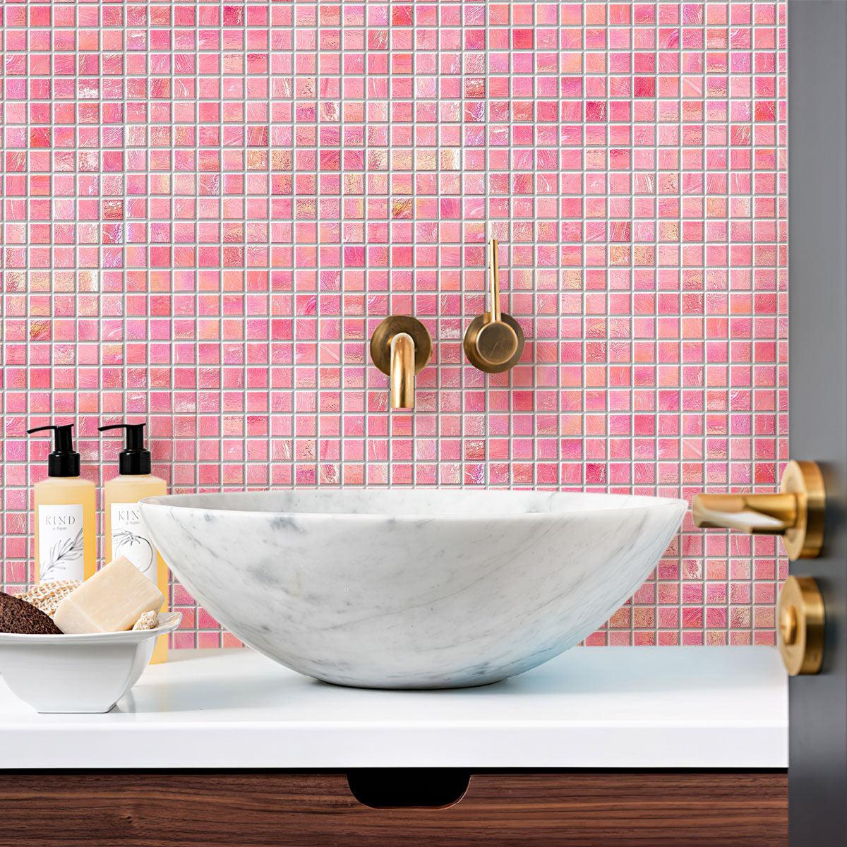 Gorgeous Pearly Swirled Pink Squares Glass Pool Tile elegant bathroom oasis.