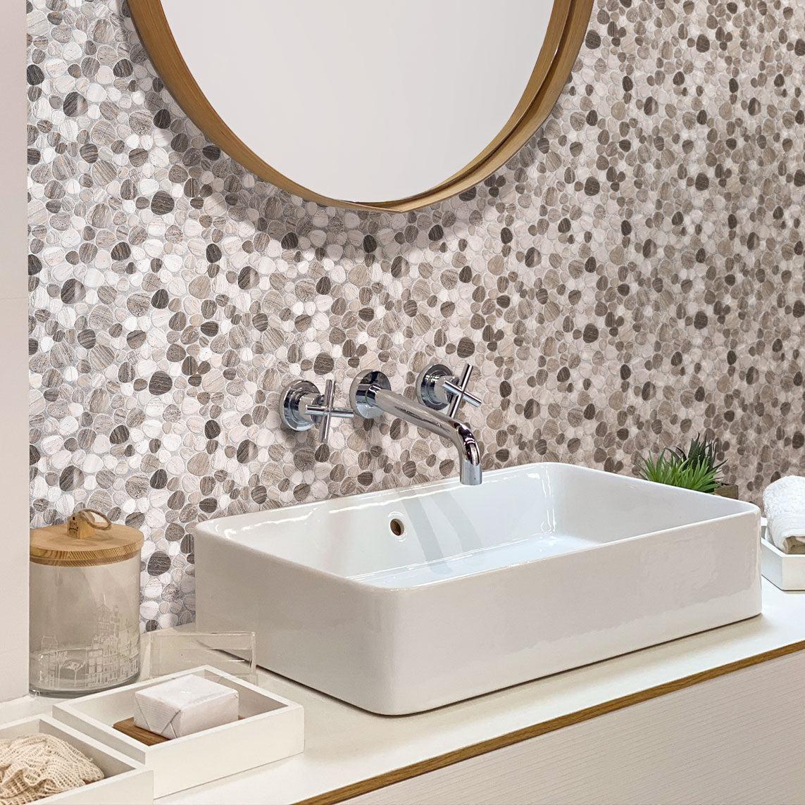 White Bathroom with Pebble Wooden Beige Marble Mosaic Tile Wall
