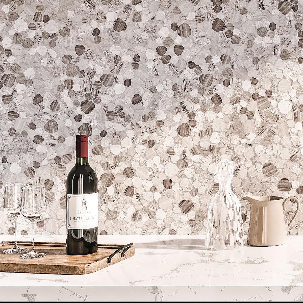 Pebble Wooden Beige Marble Mosaic Tile Kitchen Wall in Sunlight