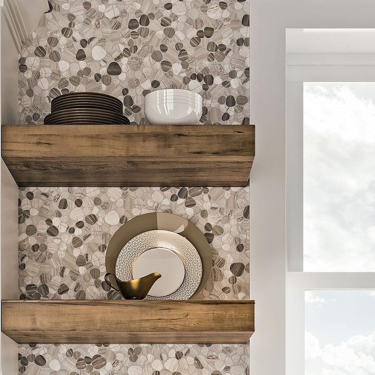 Pebble Wooden Beige Marble Mosaic Tile Kitchen Wall with Shelves
