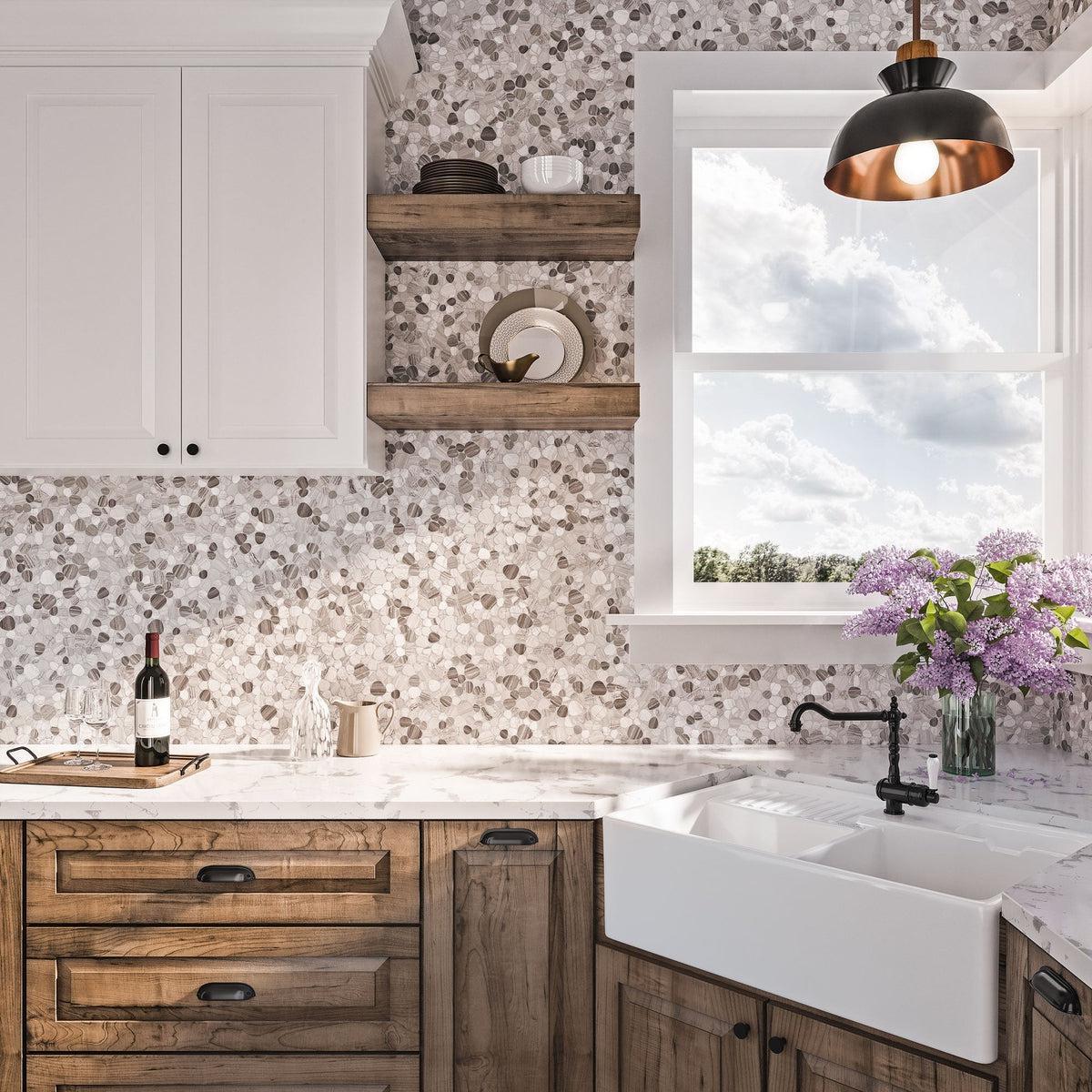 White and Wood Kitchen with Pebble Wooden Beige Marble Mosaic Tile Backsplash