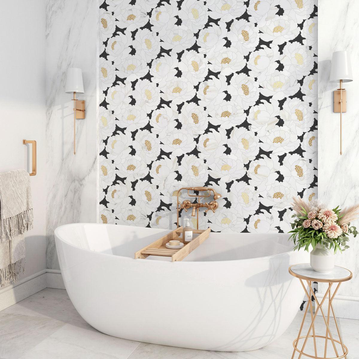 Peonia Flower Black and White Marble Waterjet Mosaic Tile | Tile Club