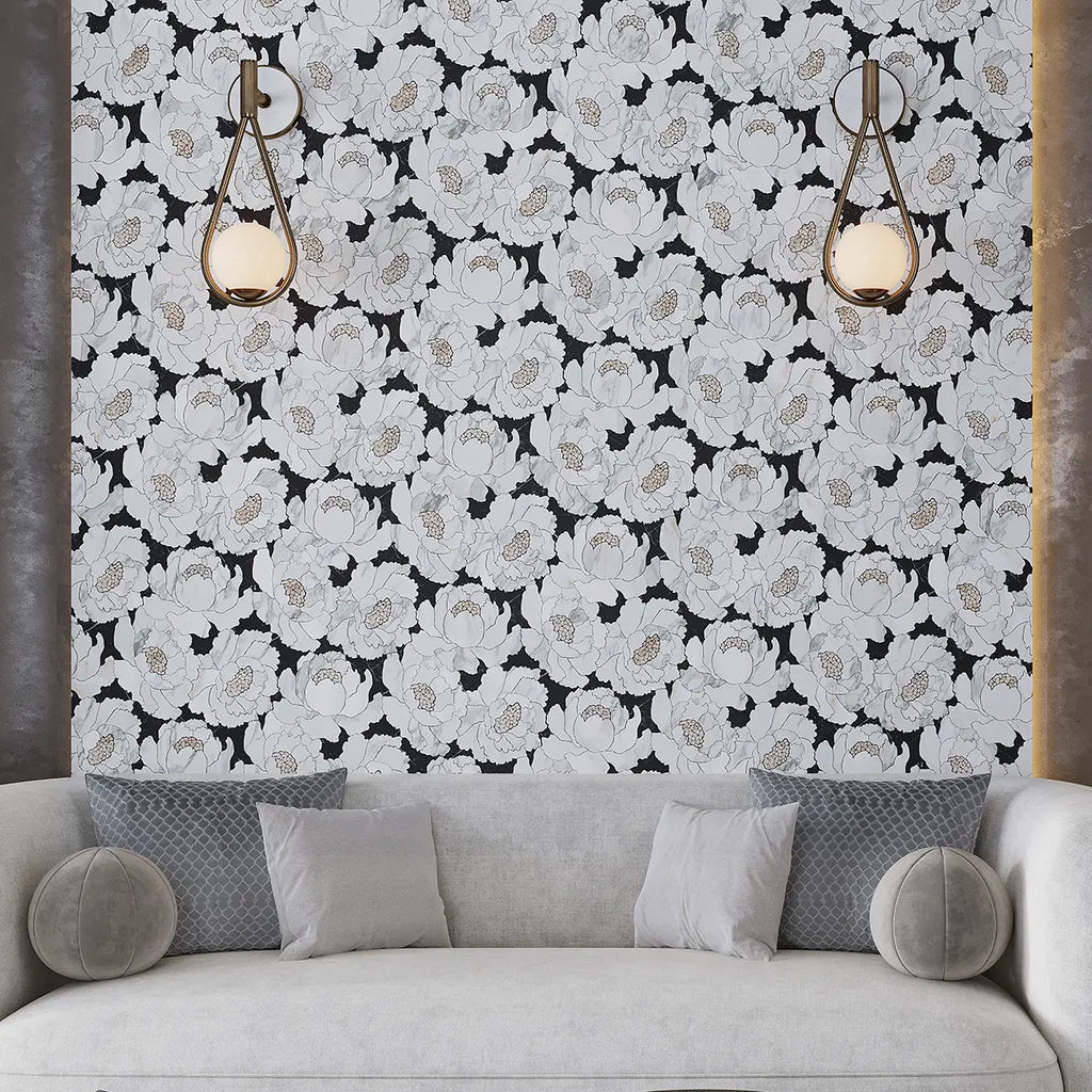 Peonia Flower Black and White Marble Waterjet Mosaic Tile | Tile Club