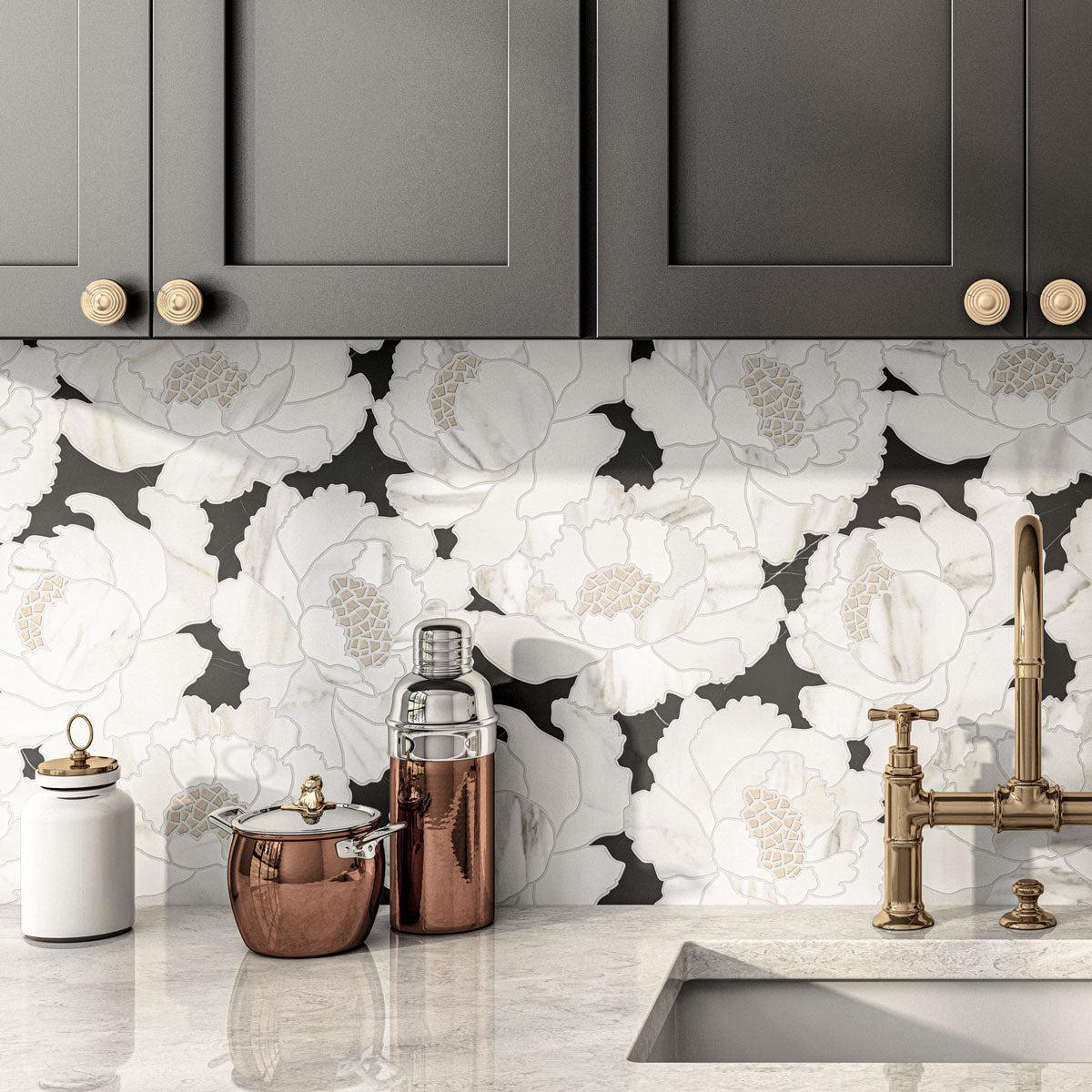 Peonia Flower Black and White Marble Waterjet Mosaic Tile | Tile Club