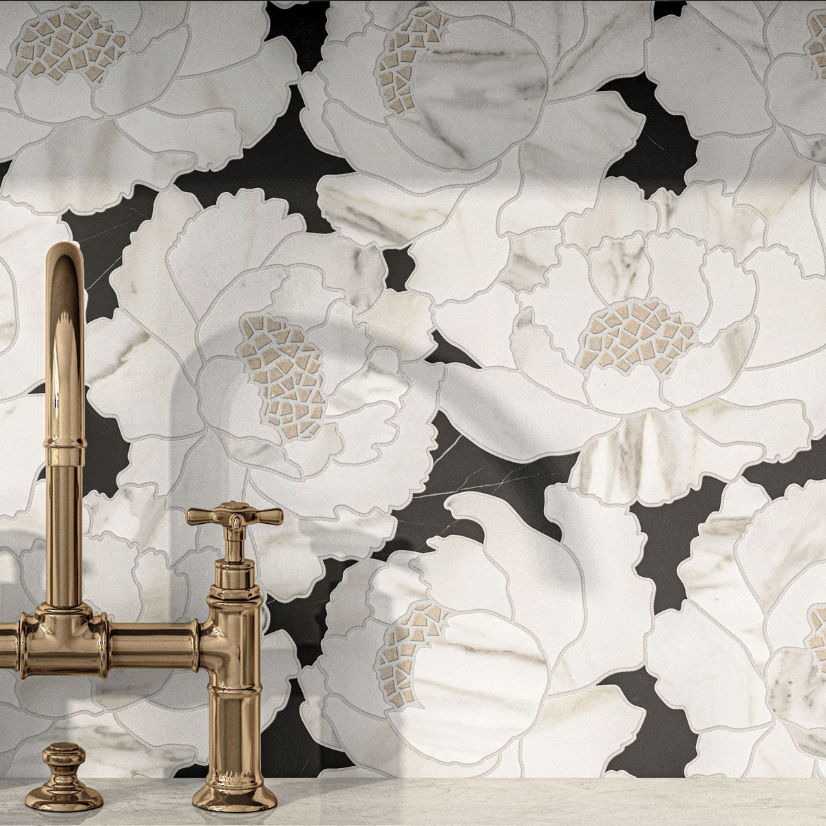 Peonia Flower Black and White Marble Waterjet Mosaic Tile | Tile Club