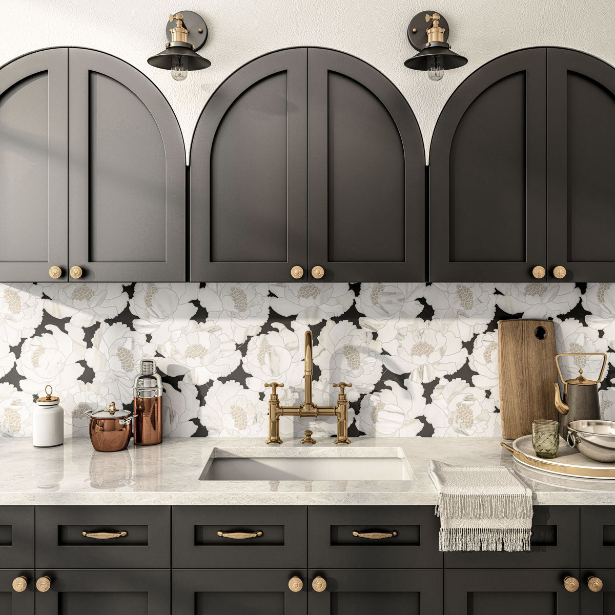 Black and white flower pattern mosaic tile backsplash for a cozy kitchen