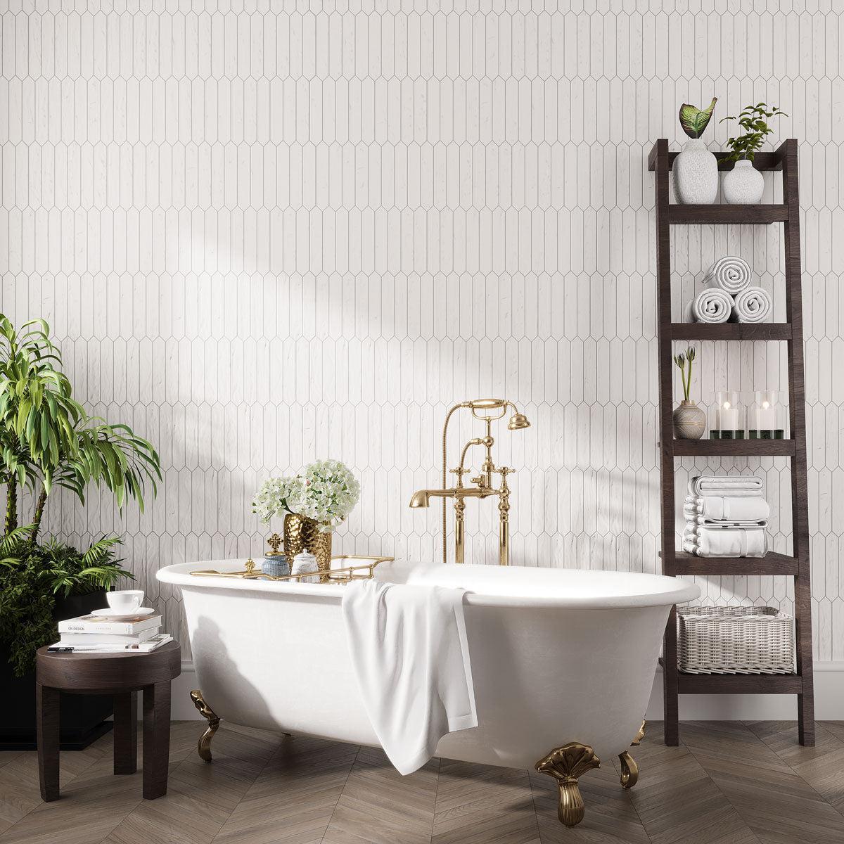 Bright and airy white bathroom with picket wall tiles