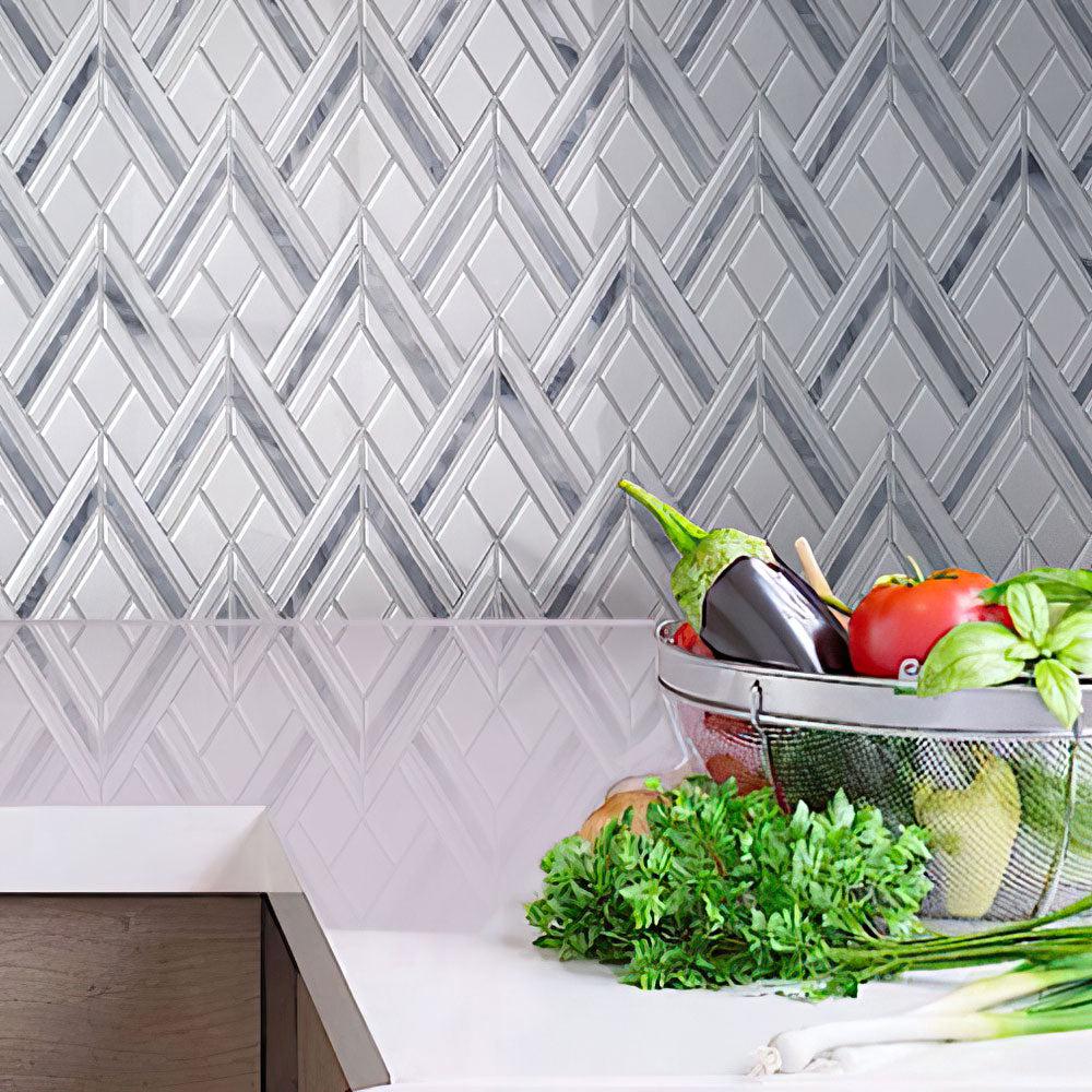 Pike Peak Thassos White & Bardiglio Marble Mosaic Tile Kitchen Wall Close-up