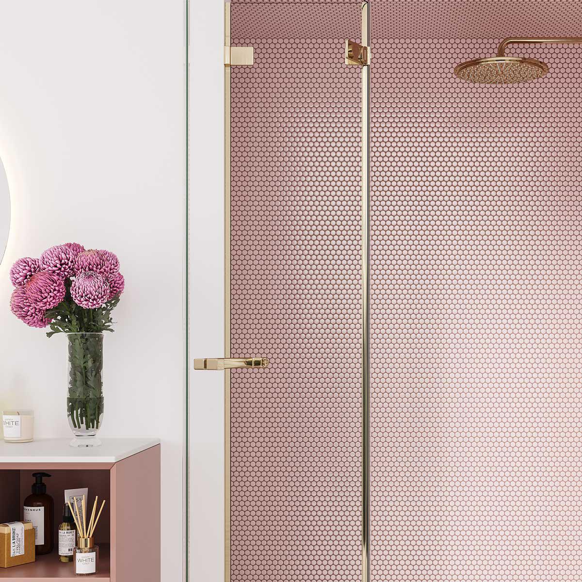 Pink and Gold Shower with Buttons Porcelain Penny TIle