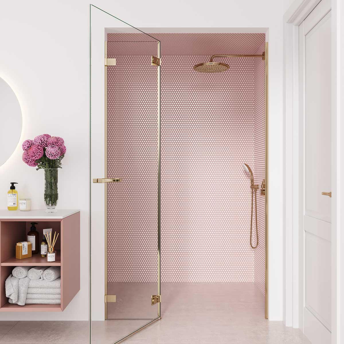 White and Gold Bathroom with Pink Buttons penny shower tile