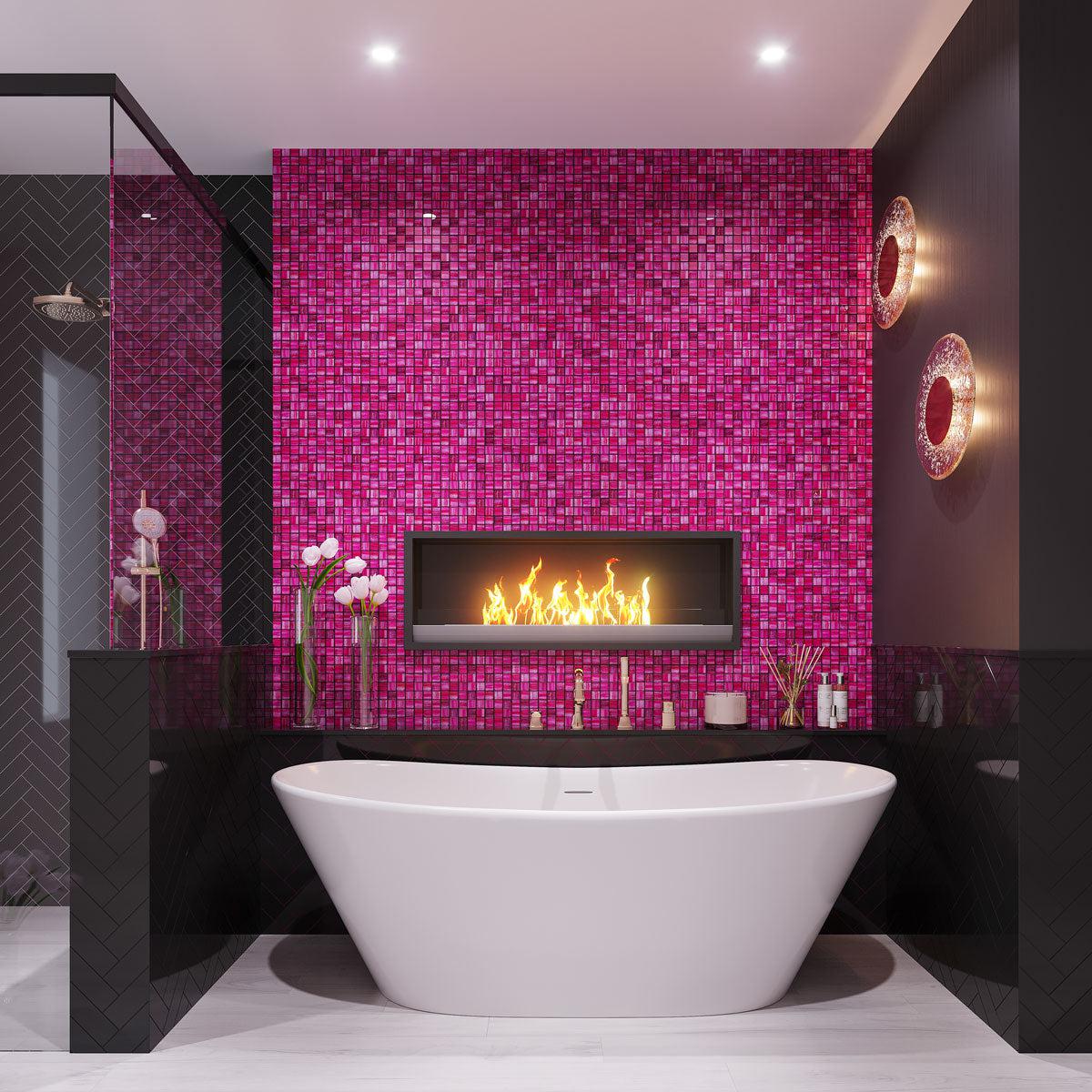 Glamorous Pink and Black Bathroom with Glass Mosaic Wall Tile