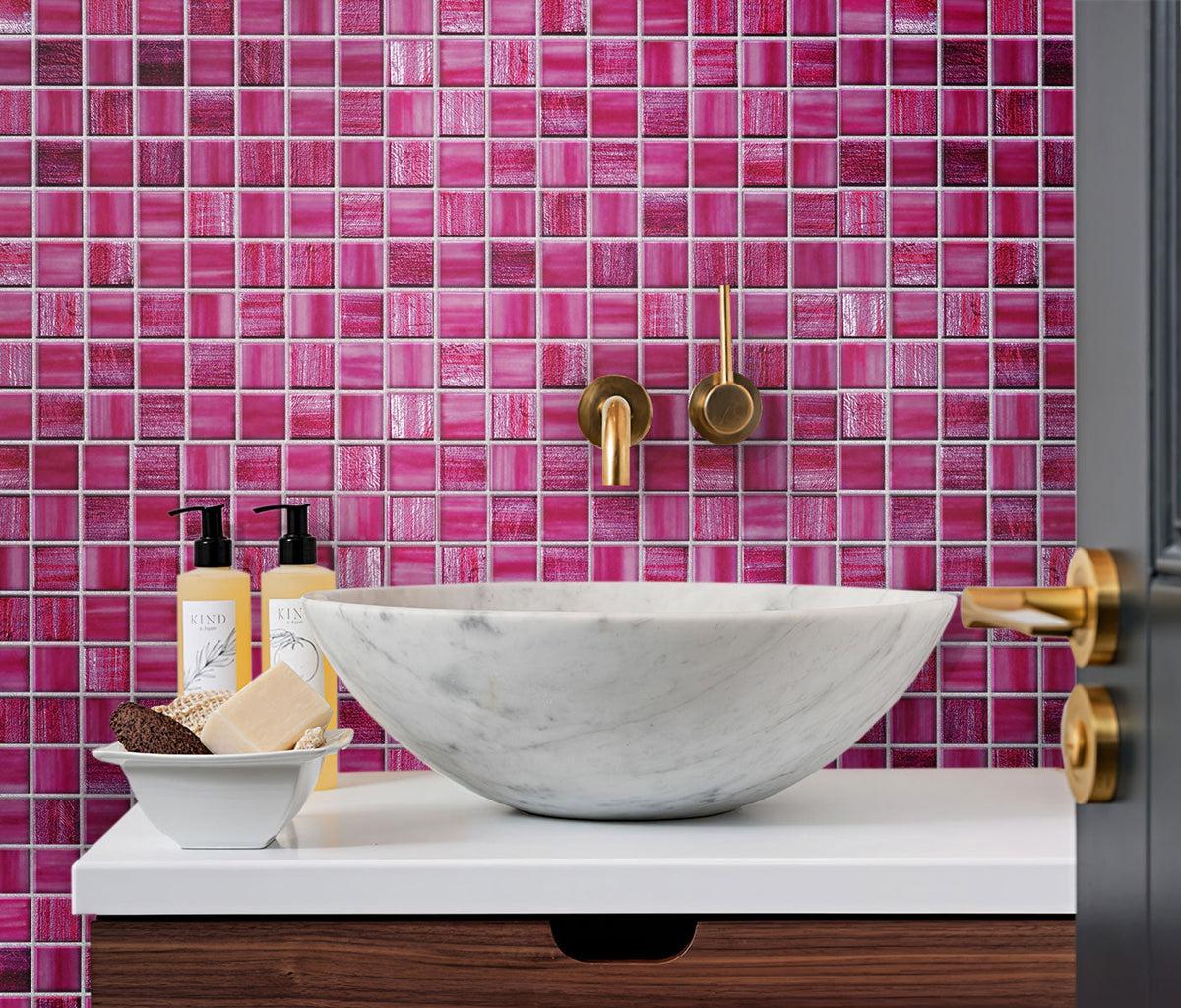 Pink glass tile bathroom backsplash wall