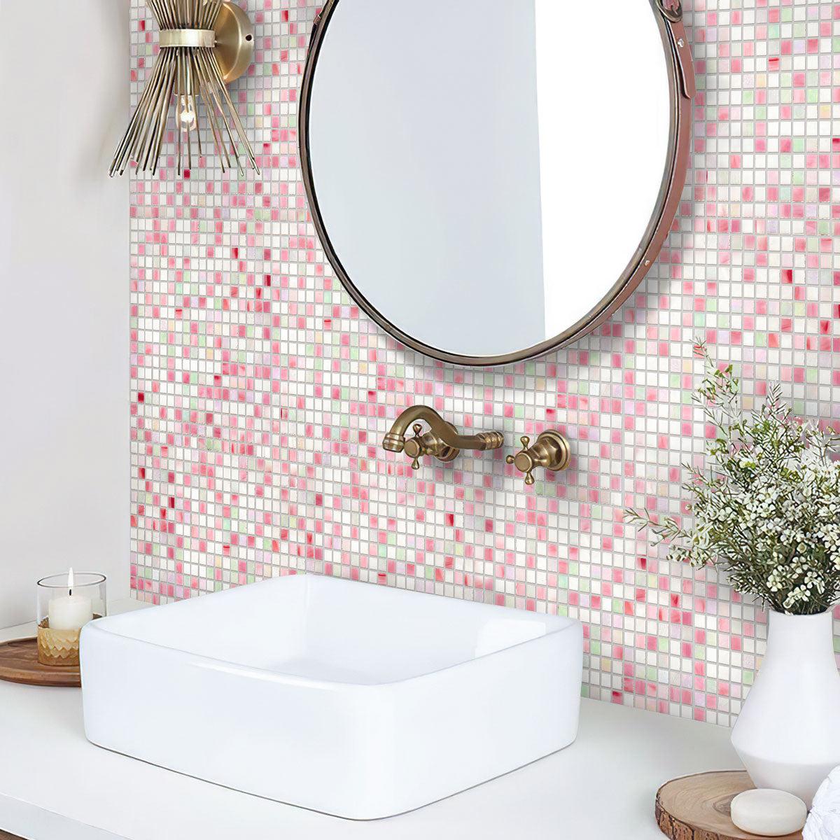 Pink & White Mixed Squares Glass Tile Bathroom Backsplash