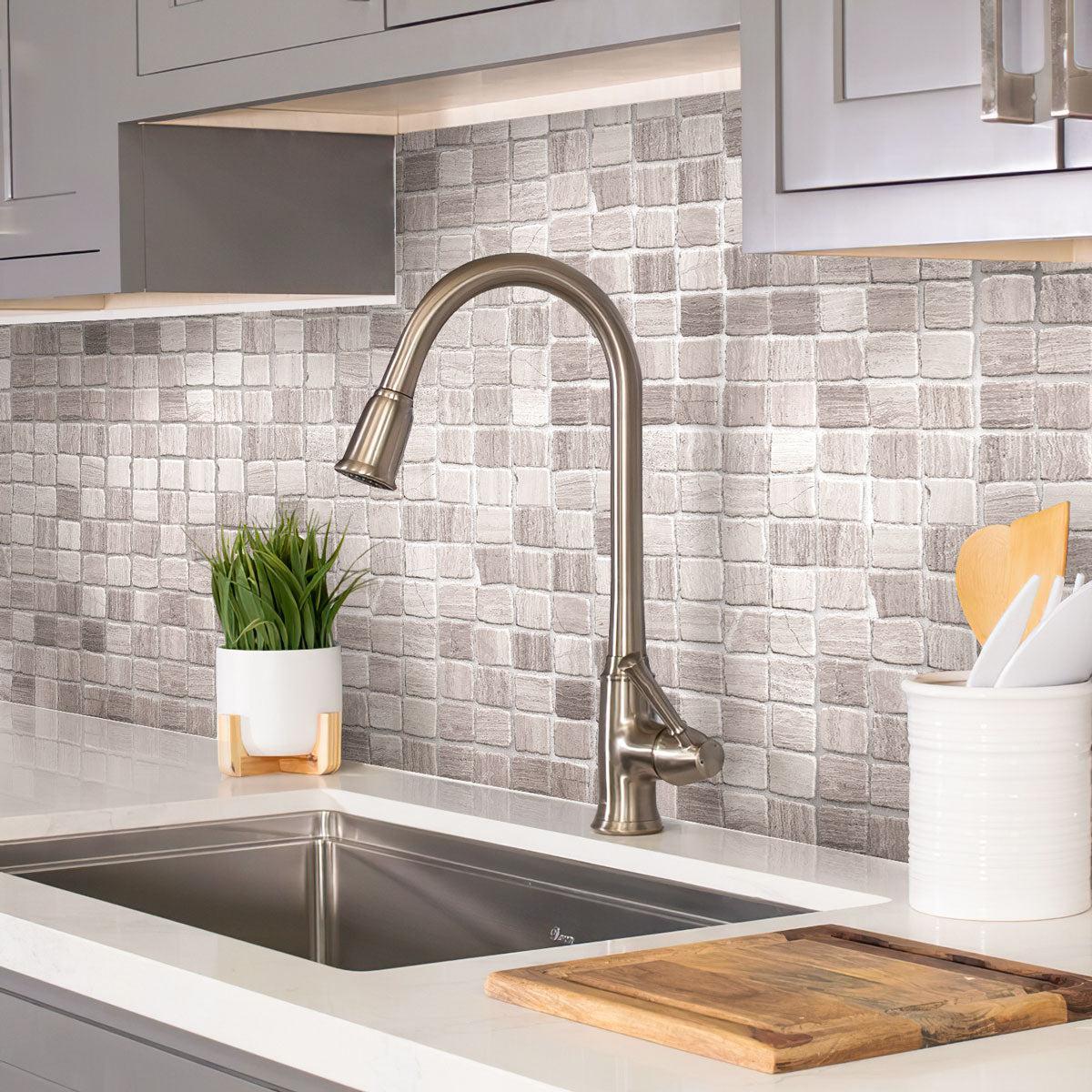 Wooden gray tile kitchen backsplash