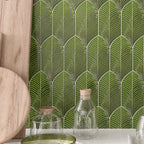 Plume Apple Green Ceramic Feather tile backsplash for a sunny kitchen