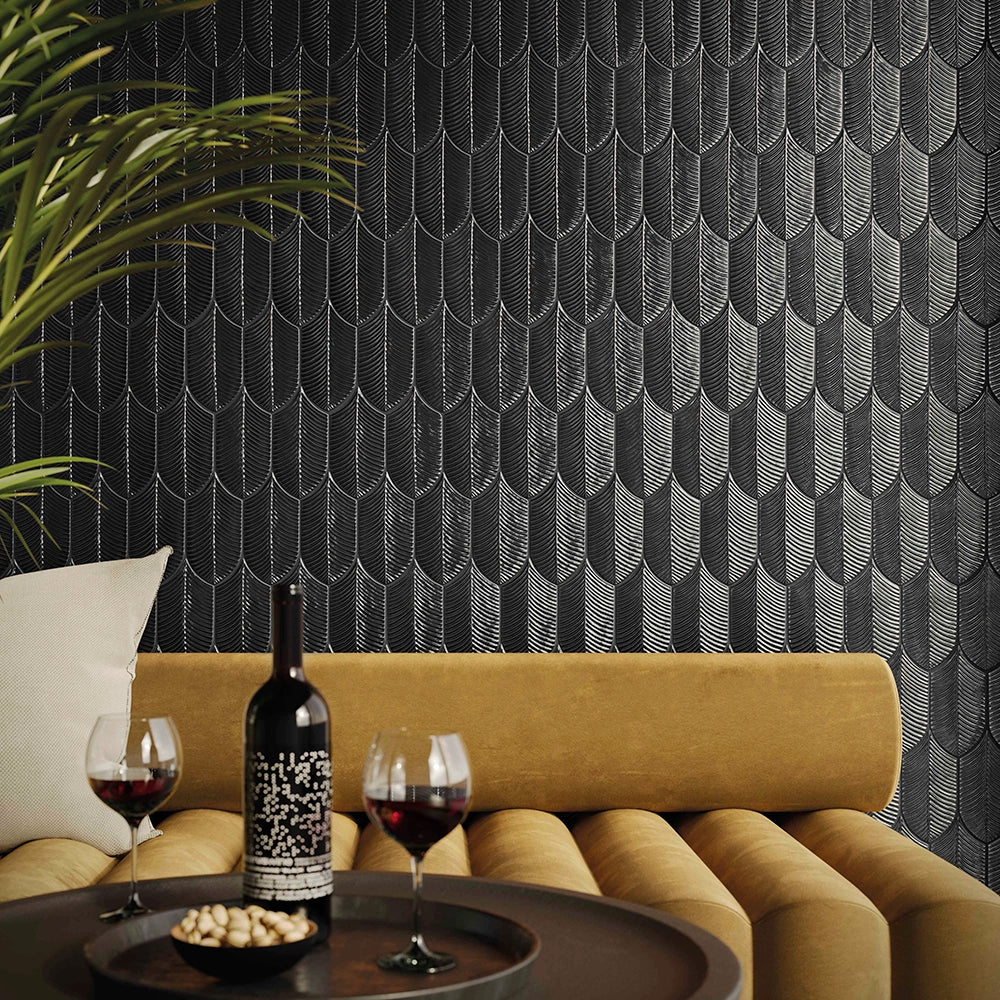 Plume Black Feather Ceramic Tile | Tile Club