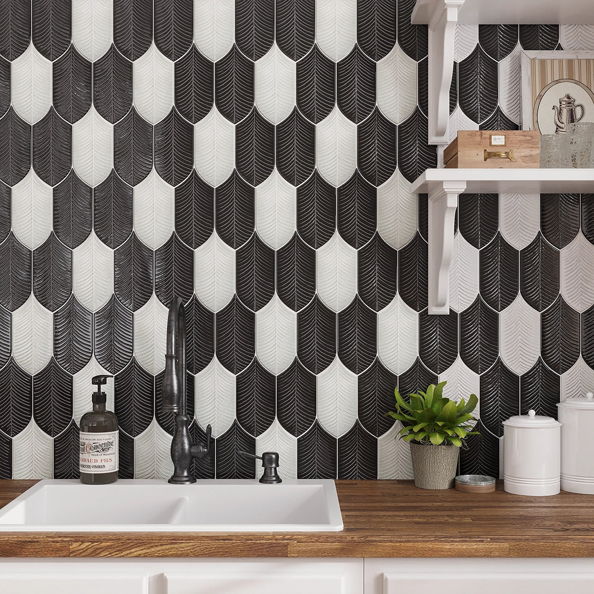 Plume Black Feather Ceramic Tile | Tile Club