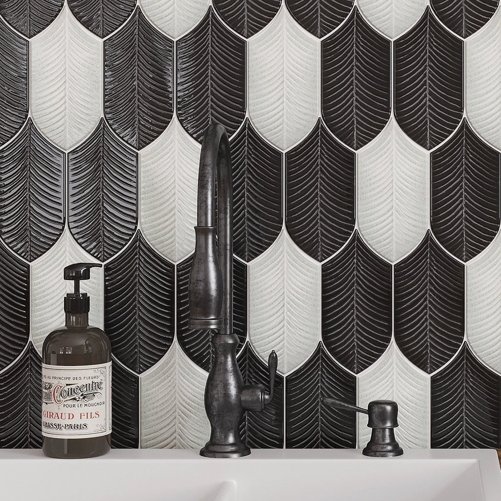 Black and Crystal Feather Ceramic TIle Backsplash Design