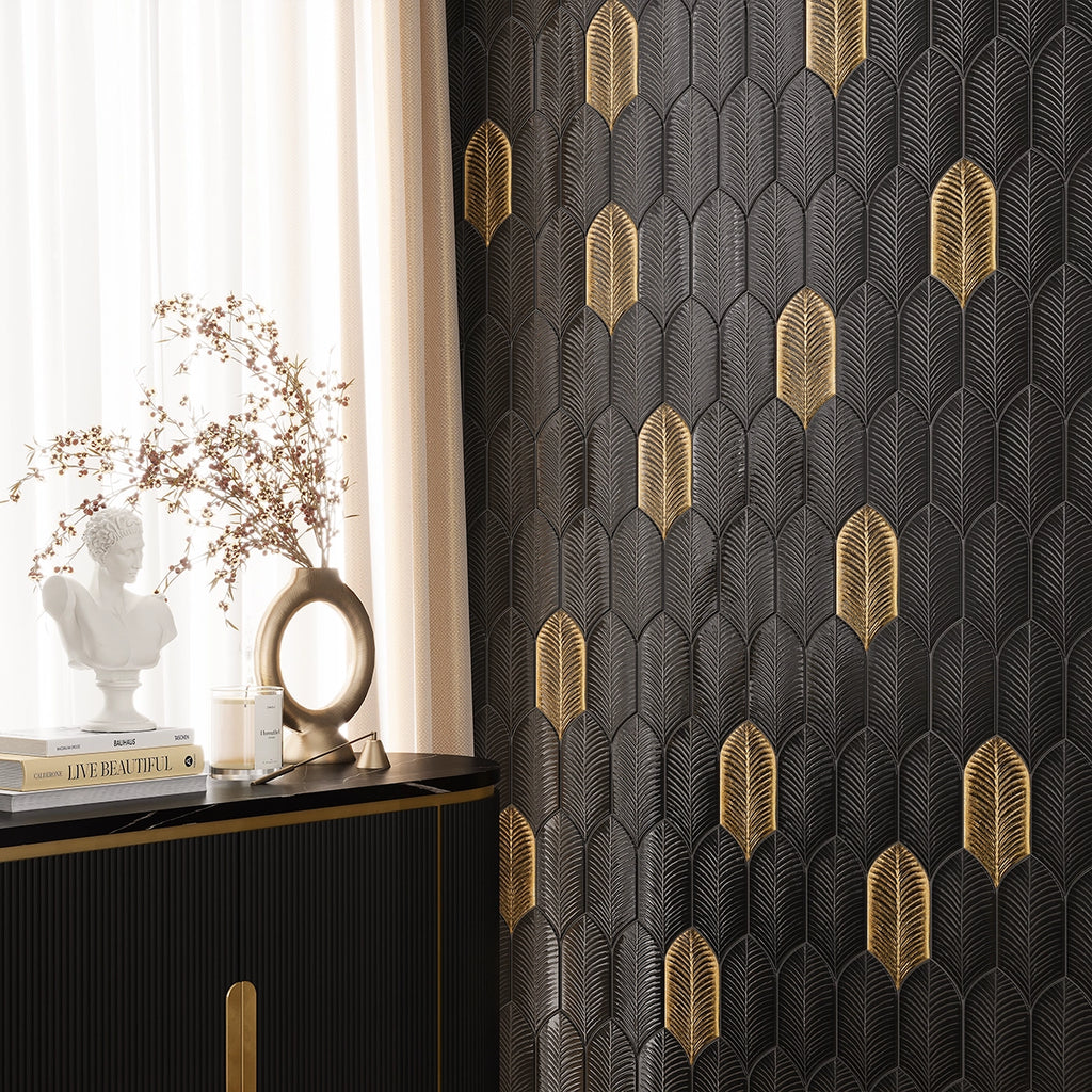 Plume Metallic Gold Feather Ceramic Tile | Tile Club