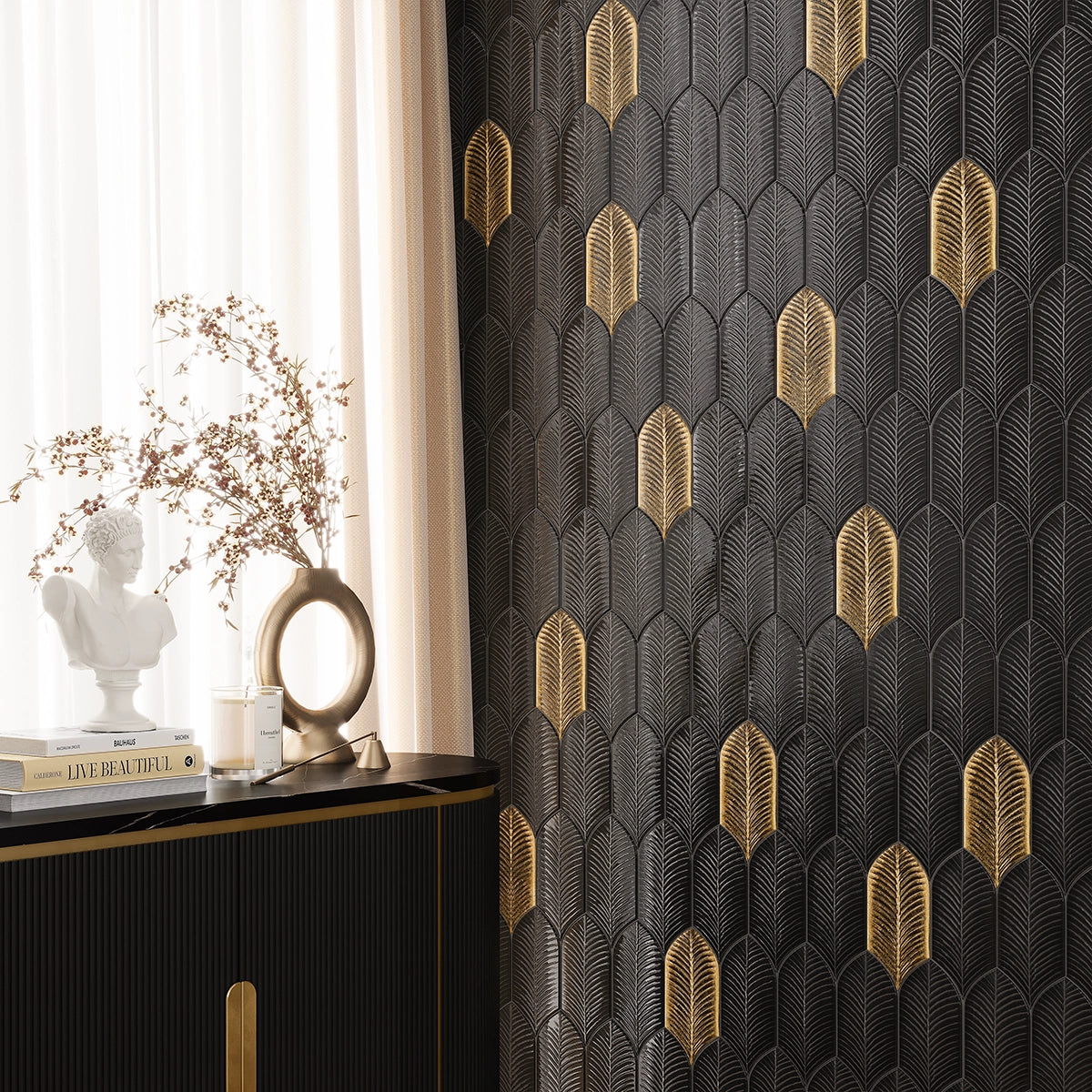 Plume Metallic Gold Feather Ceramic Tile | Tile Club