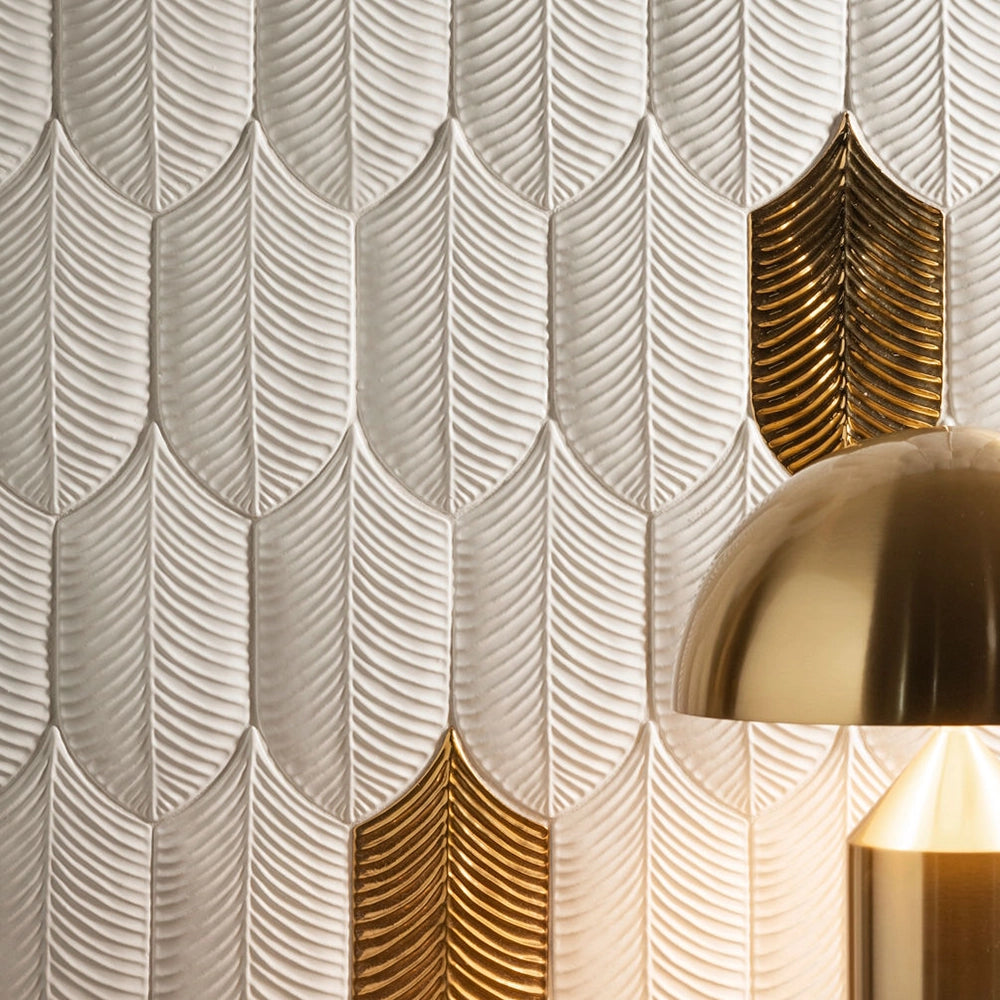 Plume Metallic Gold Feather Ceramic Tile | Tile Club