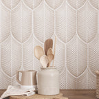 Plume Cream Ceramic Feather Tiles for a Textured Boho Kitchen Wall
