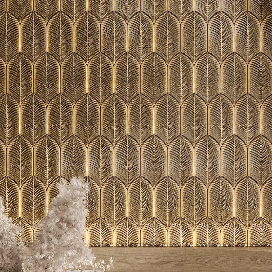 Plume Metallic Gold Feather Handmade Ceramic Tile | Tile Club