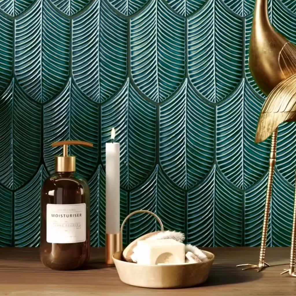 Plume Jade Ceramic Feather TIle Backsplash