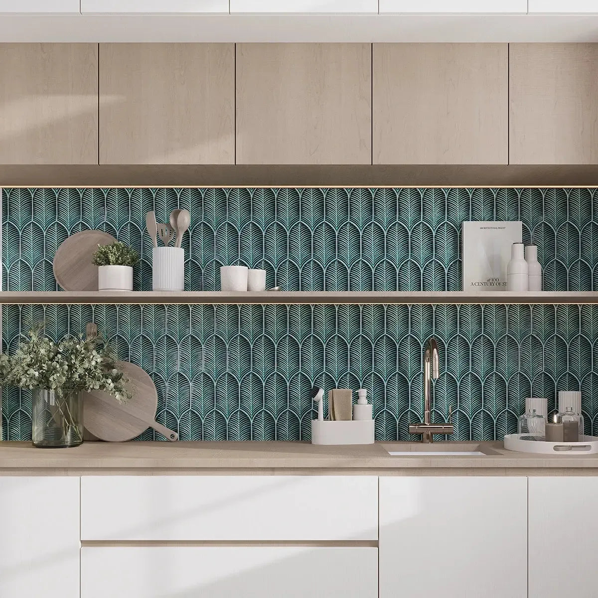 Textured leaf inspired ceramic backsplash in bold jade green