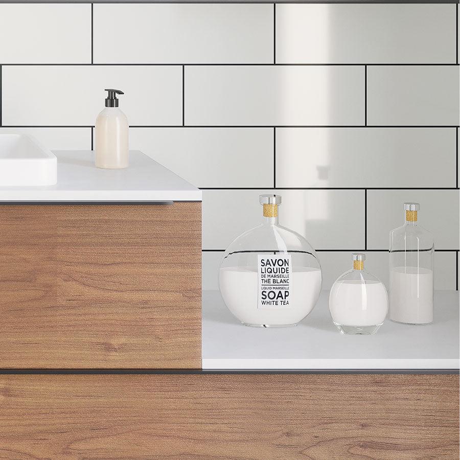 Cosmetics Shelves in Bathroom with Polished White Ceramic Subway Wall